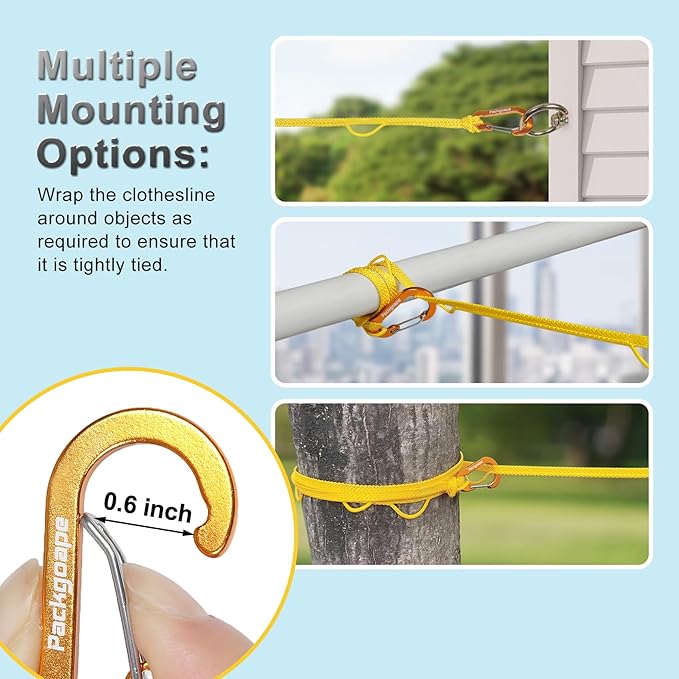 Portable Travel Clothesline, Windproof Clothes Laundry Line with Clothespins & Hang Holes, Indoor & Outdoor Clothes Drying Rope for Hotel, Backyard,Cruise Ships, Camping (Yellow, 20 Ft)