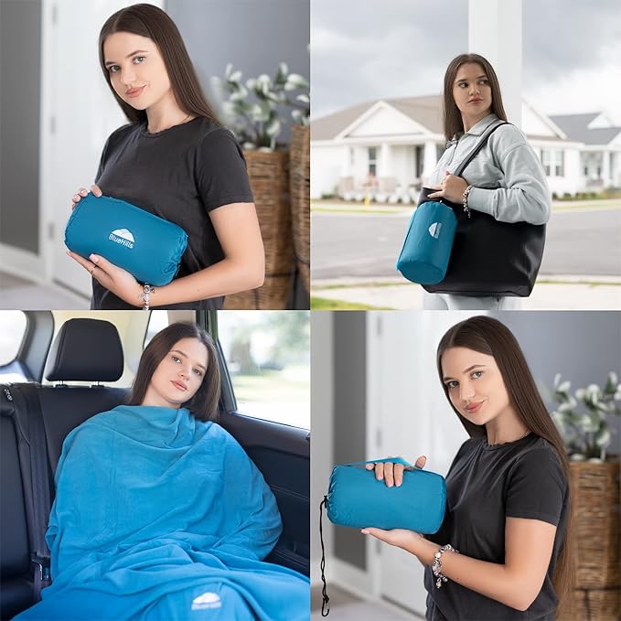 BlueHills Premium Soft Ultra Compact Travel Blanket Value Pack Set of 2 - Airplane Traveling Essentials Flight Blanket Throw in a Portable Bag Car Plane Travel Gift Black and Peacock T