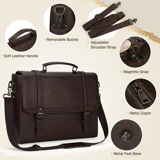 IGOLUMON Messenger Bag for Men 15.6 inch Vintage Leather Waterproof Laptop Briefcase for Men Large Computer Laptop Bag Leather Satchel Bag Retro Shoulder Bag for Office Business College, Coffee