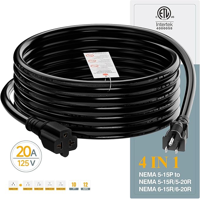 15FT NEMA 5-15P to 5-15R/ 5-20R/ 6-15R/ 6-20R AC Adapter, Plugrand 12AWG 15 Amp Household AC Plug to 20 Amp T Blade Adapter Cable, 15A 125V to 20A 250V Extension Cable, 15FT, Black