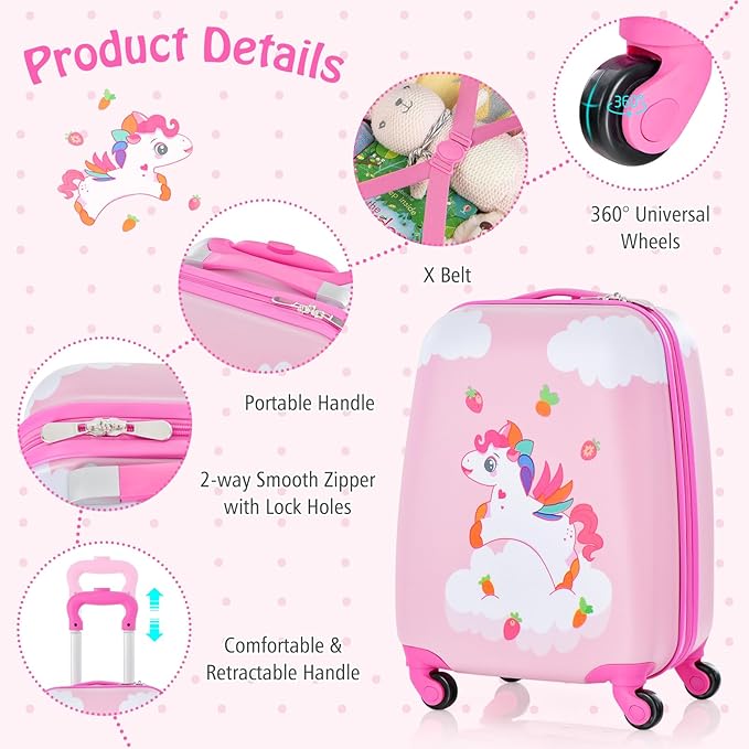 Goplus 2PC Kids Luggage, 12" & 16" Kids Carry On Luggage Set with 4 Spinner Wheels, Lightweight Rolling Spinner Suitcase for Children Toddlers Boys and Girls Travel