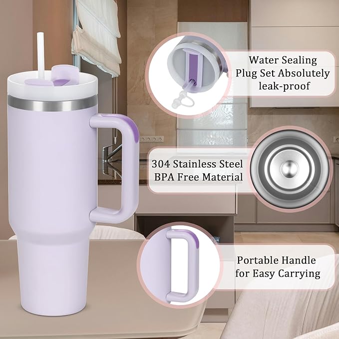 4 Pack 40 Oz Tumbler with Handle Bulk, Double Wall Vacuum Insulated Stainless Steel Tumbler with Lid and Straw, 40 oz cup with Silicone Spill Proof Stopper Set (Purple)