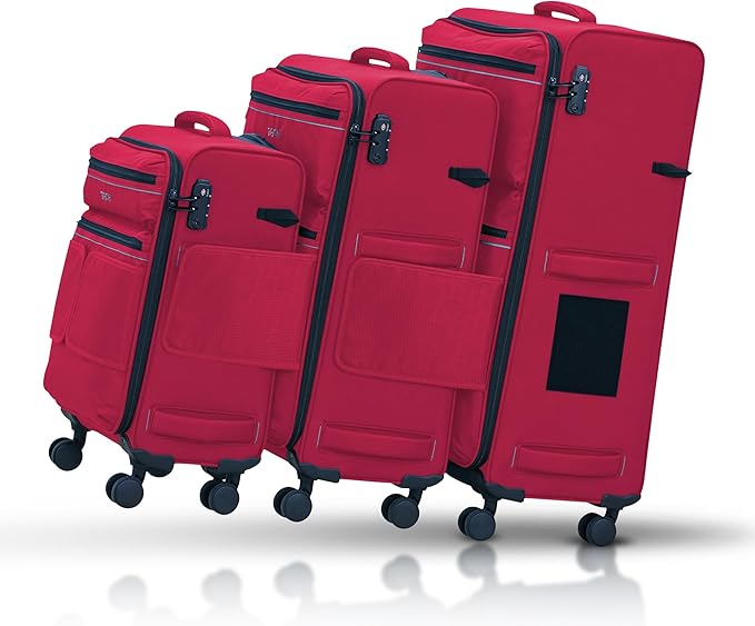 TACH LITE Samba Softside 3 Piece Luggage Set 22/24/28 Inch | Connectable Suitcases with Spinner Wheels | Lightweight Travel Suitcase with Wheels Carry On & Checked Bags | Soft Sided Luggage Set (Red)