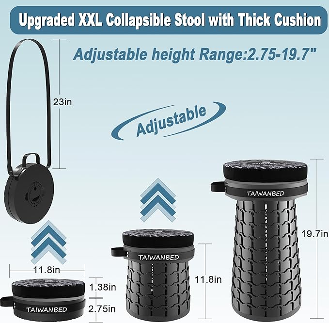 Upgraded XXL Taller 19.7" Wider 11.8" Collapsible Stool with Cushion,Adjustable Seat with Load Capacity 1000lbs, More Taller&Wider Portable Retractable Stool for Adults Camping Fishing Hiking BBQ