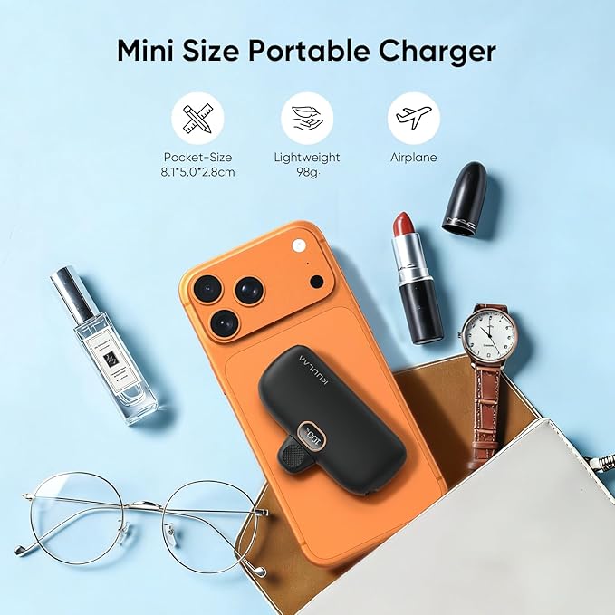 Kuulaa Portable Phone Charger with Built-in USB-C Plug, 5000mAh Mini Portable Charger Power Bank Small Battery Pack for iPhone 15/16/17 Samsung S24/S23 & Android (Black)