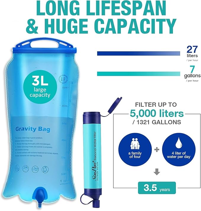 SimPure Gravity Water Filter, Portable Gravity-Fed Water Purifier with 3L Bag, Tree Strap, BPA Free Survival Gear and Equipment for Camping Hiking Emergency Preparedness
