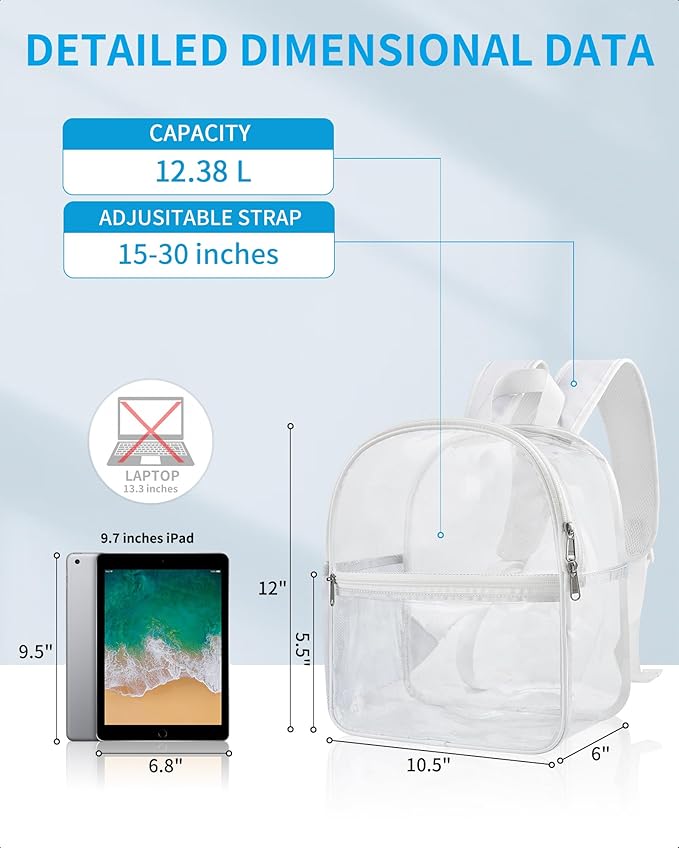 Paxiland Clear Backpack Stadium Approved 12×12×6 with Reinforced and Wider Shoulder Straps, Small Clear Bag for Schools, Concerts, Work, Festivals and Sporting Events - White