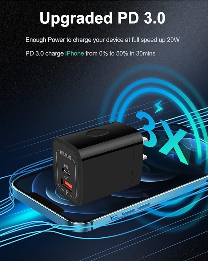 3Pack USB C Charger, Dual Port USB-C Wall Plug-in USB Charger 20W PD & QC3.0 Type A Fast Charging Block for Samsung Galaxy S25/S24/S23/S22 Ultra/Note 20 iPhone 17 16e 16 15 14 Pro Max USBC Cube Brick