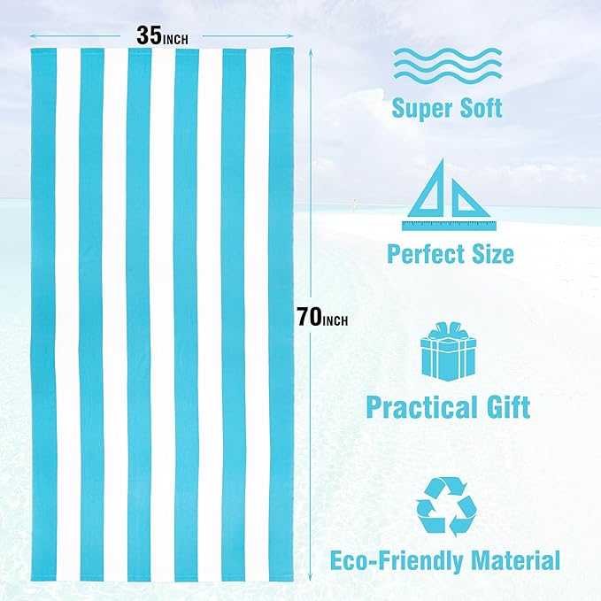 HENBAY Large Oversized Beach Towel - 35 x 70 Inch Microfiber Pool Towel, Turquoise Striped Quick Dry Cabana Swim Towel