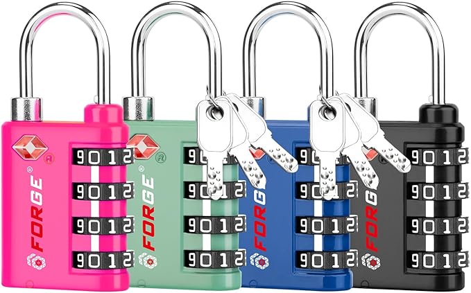 Forge Dual-Opening: Key or Combination Lock, TSA Approved Lock for Luggage, Pelican case, Travel, Gym, School, Luggage Combination Lock, Travel Bag Lock (4 Colors 4 Pk Rose)