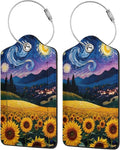 2 Pack Luggage Tags for Suitcases, PU Leather Bag Tag with Privacy Cover Address Card Travel Essentials-Starry Sky Sunflower