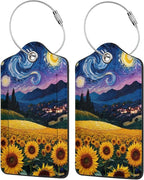 2 Pack Luggage Tags for Suitcases, PU Leather Bag Tag with Privacy Cover Address Card Travel Essentials-Starry Sky Sunflower