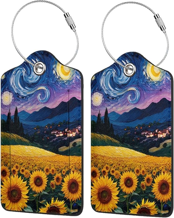2 Pack Luggage Tags for Suitcases, PU Leather Bag Tag with Privacy Cover Address Card Travel Essentials-Starry Sky Sunflower