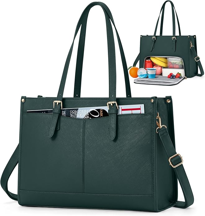 Laptop Bag for Women with Insulated Lunch Compartment 15.6 Inch Pu Leather Work Tote Computer Briefcase Bag for Office