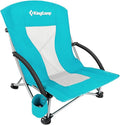 KingCamp Low Beach Chair, High Back Folding Camping Chair for Adults, Oversized Breathable Mesh Seat, 300lbs Heavy Duty Portable Chair with Cup Holder & Storage Pockets for Beach, Outdoor