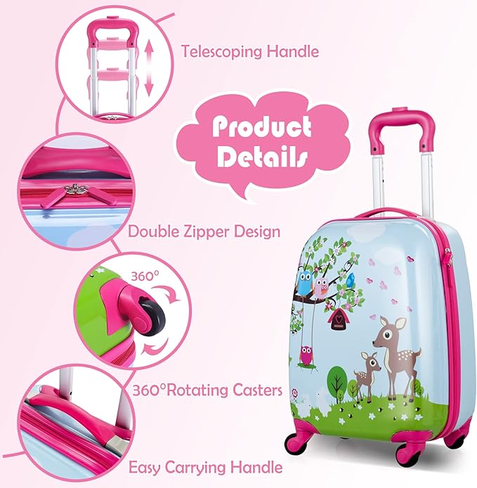BABY JOY 2 PC Kids Luggage, 16" Toddlers Carry-on Suitcase & 12” Backpack Set, Children Travelling Case w/ 4 Casters & Retractable Handle, Lightweight Trolley Case for Boys & Girls (Deer)