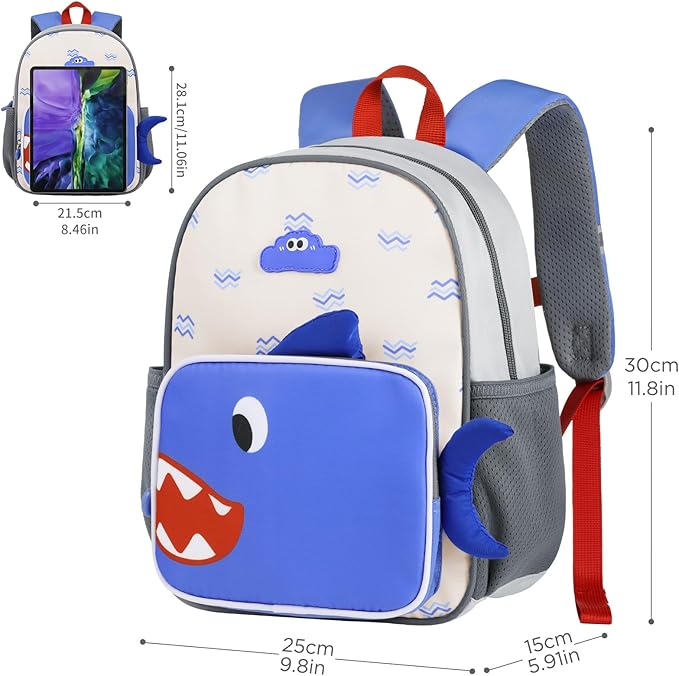 GAGAKU Toddler Backpack for 3 4 5 6+ Boys Splash-Proof Kids Backpack Adjustable Kindergarten & School Backpack | Lightweight 11.2L with Chest Strap and Reflectors - Shark