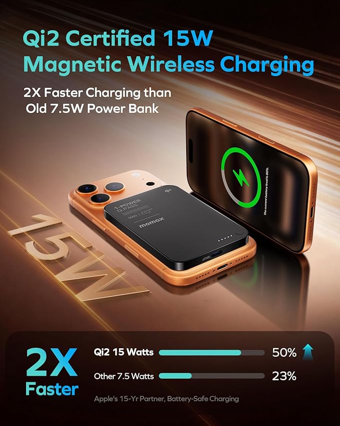 MOMAX (2026 NEW) Magnetic Portable Charger Slim 0.37", 5000mAh Qi2 Certified 15W Fast Charging Power Bank iPhone Air MagSafe Battery Pack Designed for iPhone 17 Pro Max/17 Pro/Air/16/15/14/13/12