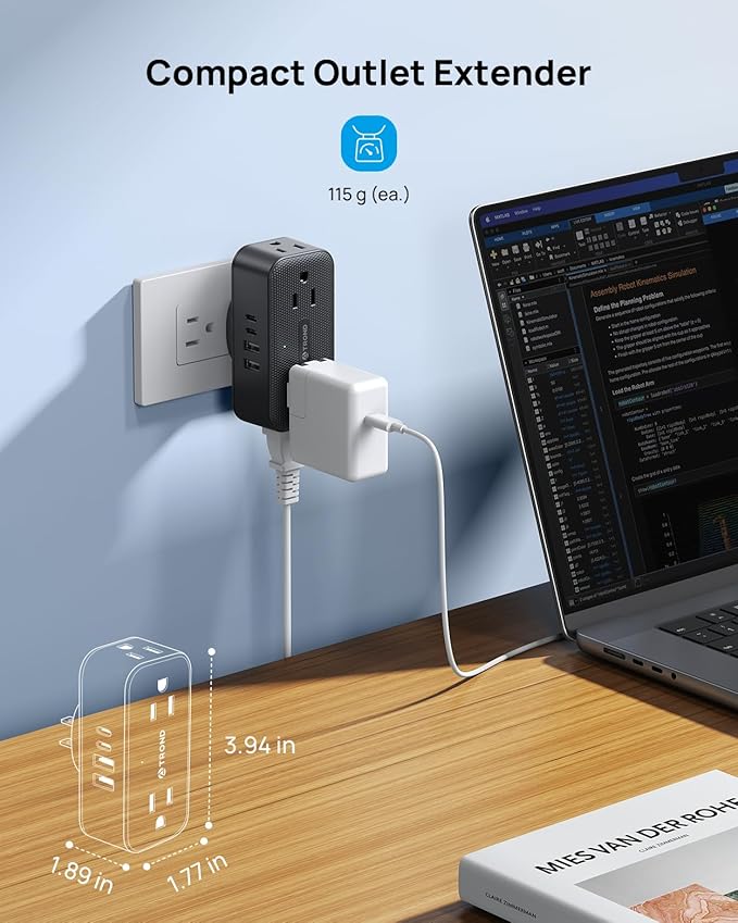 TROND Wall Outlet Extender with 360 Rotating Plug, Multi Plug Wall Outlet with 4 Electrical Sockets and 4 USB Ports, 900 Joules Surge Protection, USB Charging Station for Home Office Travel, Black