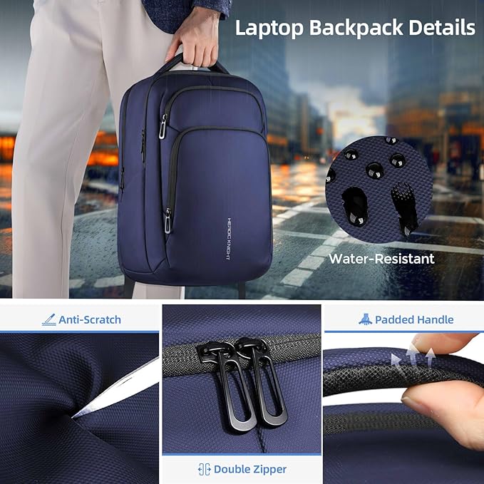 17.3 Inch Laptop Backpack for Travel Work Office College, 30L Water Resistant Casual Daypack, Lightweight Computer Backpack for Men Women, Business Laptop Bag with USB Charging Port - Blue