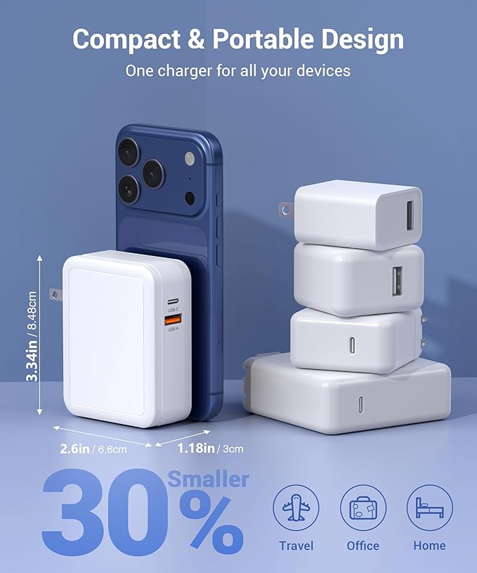 Retractable USB C Charger Wall Plug with Type C Cables Cords,65W Fast Charging Foldable Block Multi Charger,Travel Essentials Brick Multiport for Mac Book Pro/Air,iPhone 17/16/15/14,iPad,Galaxy(1Pack)