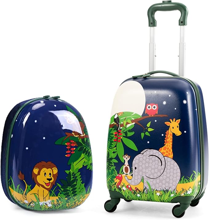 BABY JOY 2 PC Kids Luggage, 16" Toddlers Carry-on Suitcase & 12” Backpack Set, Children Travelling Case w/ 4 Casters & Retractable Handle, Lightweight Trolley Case for Boys & Girls (Elephant)