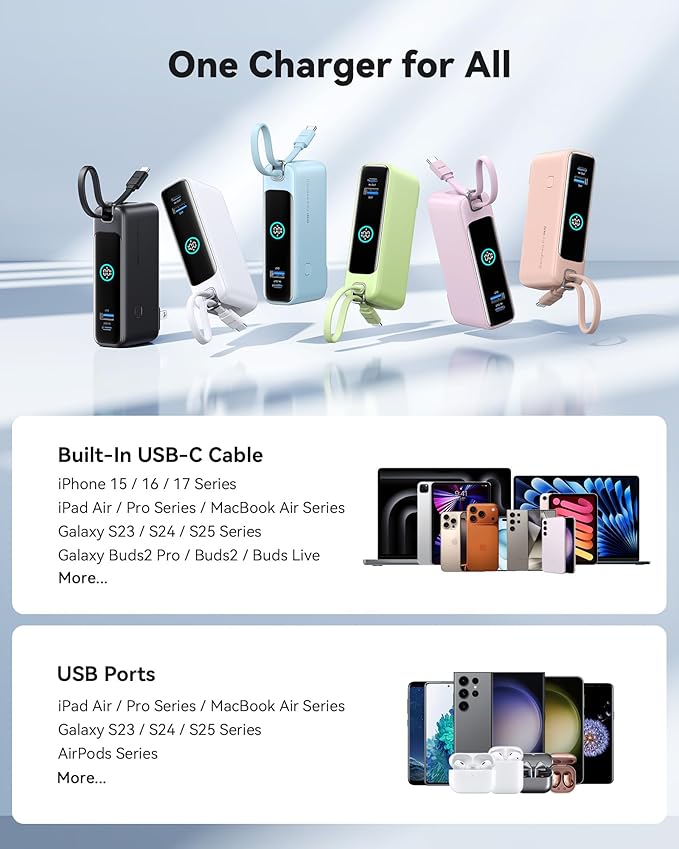 INIU Portable Charger, 10000mAh 30W Fast Charging Power Bank, Built-in USB C Cable and Foldable AC Plug, Travel Essentials Battery Pack for iPhone 16 15, Samsung S25 S24, MacBook