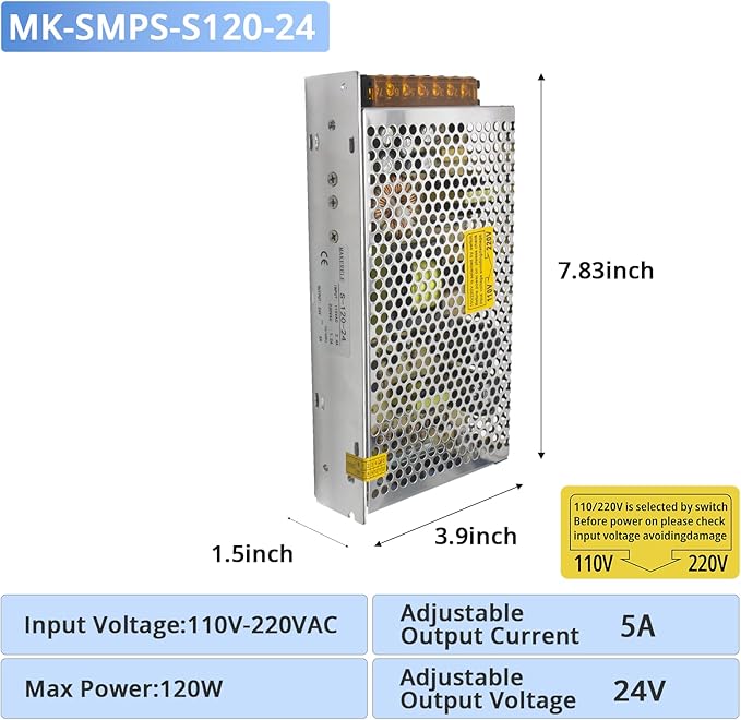 MK-SMPS-S120-24 MAKERELE DC 120W Power Supply Switching Converter, AC 110V-220V to DC 24V Transformer Driver Adapter, Universal Regulated Switching 5A for Strip 3D Printer CCTV Camera Motor Pump