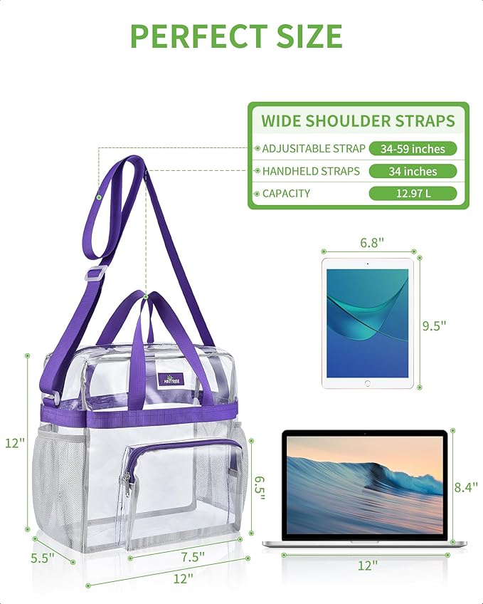 MAY TREE Clear Bag for Stadium Events 12×6×12 Clear Tote Lunch Bag with Reinforced Straps for Work, Sporting Events and Gym, Purple