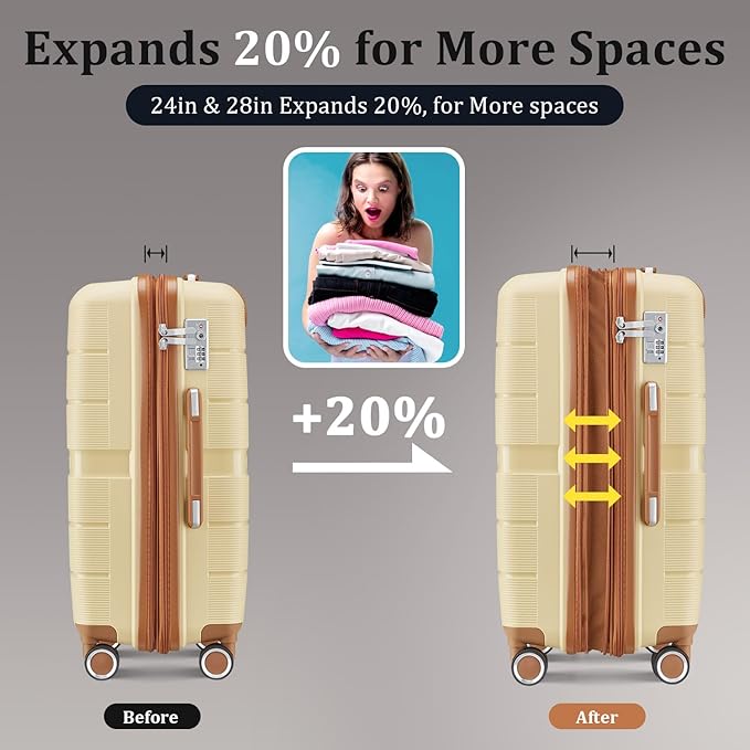 4 Piece Luggage Set, Hardside Expandable Lightweight Suitcase with 360° Mute Spinner Wheels Luggage Sets, TSA Lock, 14/20/24/28 Inch Travel Luggage for Men, Women and Girls (Apricot Cream 2)