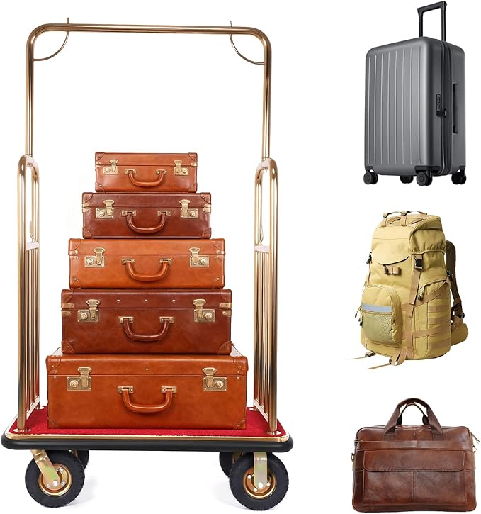 Generic Hotel Luggage Cart Wagon 39Lx19Wx68H Inch Guest Room Trolley Up to 881LBS 8-inch Silent Rubber Casters Carpet Deck Bumper Rails Golden Top Baggage Lobby Trolley Luggage Carts for Commercial Us