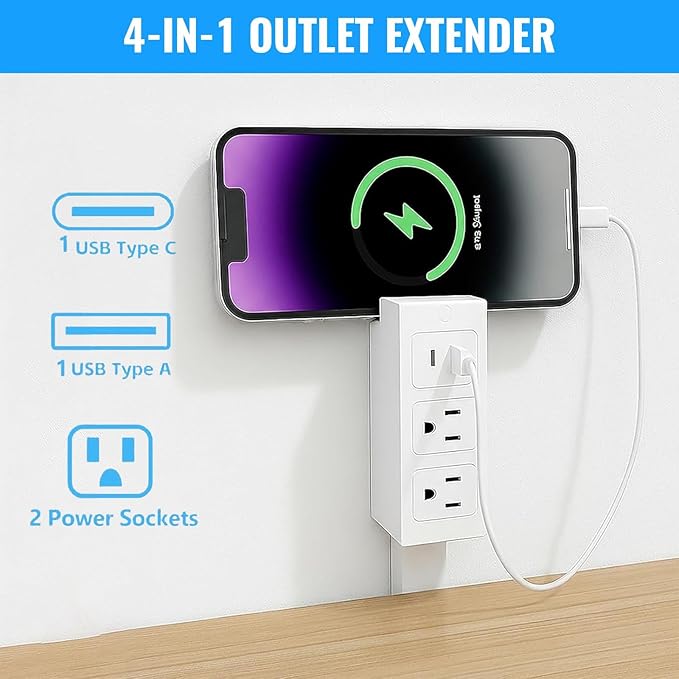 Electrical Outlet Extender Stick with USB-A USB-C and 2 AC Outlets, 17-27 Inch Extendable 180° Rotating Wall Plug Adapter for Nightstand, Sofa, Desk, Hard-to-Reach Spaces