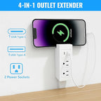 Electrical Outlet Extender Stick with USB-A USB-C and 2 AC Outlets, 17-27 Inch Extendable 180° Rotating Wall Plug Adapter for Nightstand, Sofa, Desk, Hard-to-Reach Spaces