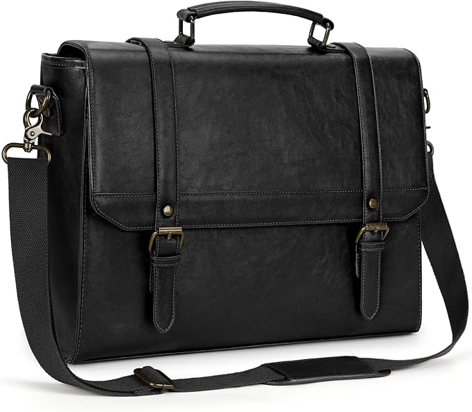 IGOLUMON Messenger Bag for Men 18 inch Vintage Leather Waterproof Laptop Briefcase Large Computer Laptop Bag Leather Satchel Bag Retro Shoulder Bag for Office Business Travel College, Black