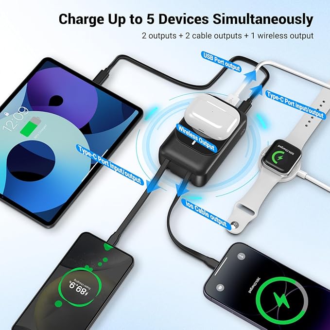 Magnetic Wireless Power Bank 26800mAh, PD 22.5W Type-C Fast Charging Portable Charger 5 Outputs, Battery Pack for Magsafe Built in 2 Cables with Stand LED Display for iPhone 17/16/15/14/13/12-Black