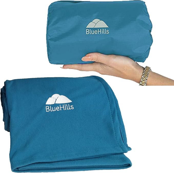 BlueHills Ultra Compact and Compact Light Travel Blankets for Two Value Pack Set of 2 – Airplane Travel Essentials Soft Flight Trips Throw in Portable Cases for Car Plane Travel Gifts – Teal Blue