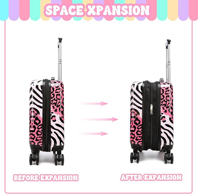 Kids Luggage with Spinner Wheels 5 Piece Carry on Suitcases for Girls Backpack with Lunch Box Pencil Case 16" Toddler Suitcase Set Airline Approved (Pink Leopard)