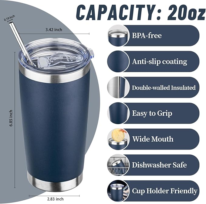20 oz Tumbler with Lids and Straws, Stainless Steel Insulated Travel Coffee Mug, Double Wall Vacuum Insulated Tumblers, Powder Coated Coffee Tumbler for Cold & Hot Drinks (Navy Blue)