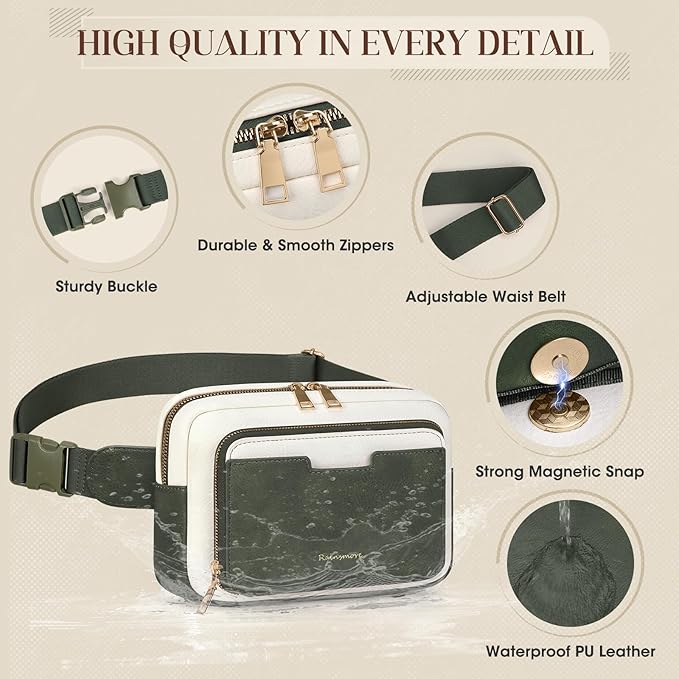 RAINSMORE Fanny Packs for Women, Leather Belt Bag Waterproof Everywhere Crossbody Waist Pack with Adjustable Strap Retro Sling Chest Bag for Work Running Travel Party, Dark Green with White