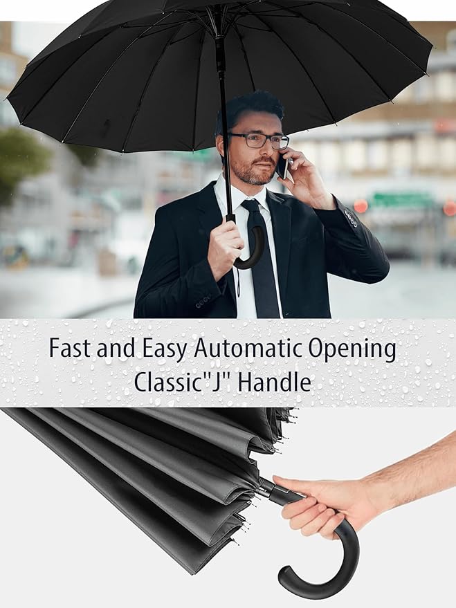 Premium Windproof Umbrella Classic J stick Handle with Easy Grip - Auto Open, Rainproof and Durable Canopy Design Perfect for Rainy Days Sunshad
