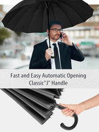 Premium Windproof Umbrella Classic J stick Handle with Easy Grip - Auto Open, Rainproof and Durable Canopy Design Perfect for Rainy Days Sunshad