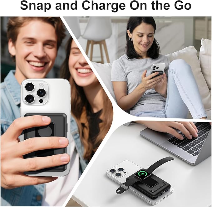 Magnetic Portable Charger, 10000mAh Wireless Power Bank for iPhone with Built-in Cables, 20W Fast Charging for Magsafe Battery Pack with Stand for iPhone Air/17/16/15/14/13/12 and Apple Watch