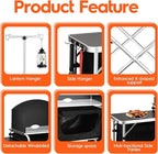 JOUYEK Cmaping KitchenTable, Aluminum Folding Camping Cook Station with Windshield, Upgrade Light Stand, Storage Bag, Quick Installation for Outdoor, Picnic, Cooking