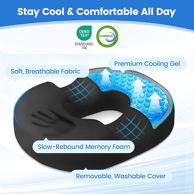 Donut Pillow for Tailbone Pain, Hemorrhoids - Cooling Gel Memory Foam Chair Seat Cushion for Office, Home & Wheelchair, Ergonomic Chair Pad for Pregnancy, Sciatica, Coccyx (Large, Black)