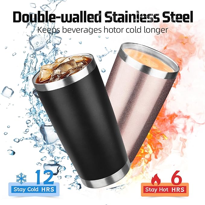 20 oz Tumbler with Lids and Straws, Stainless Steel Insulated Travel Coffee Mug, Double Wall Vacuum Insulated Tumblers, Powder Coated Coffee Tumbler for Cold & Hot Drinks (Black,6pack)