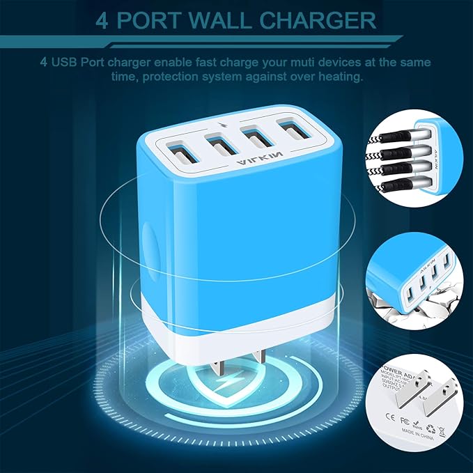 USB Wall Charger, Charging Block, AILKIN 2-Pack 4.8A/5V 4 Port USB Plug Power Travel Brick Adapter for iPhone, iPad, Samsung Galaxy, Moto, Kindle Fire, Headphones, Doorbell Android Phone Box Cube