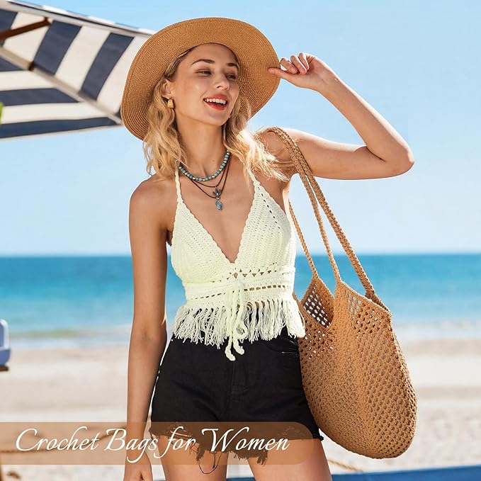 Tavaleu Crochet Tote Beach Bags for Women, Mesh Beach Tote Knit Bag, Summer Vacation Aesthetic Boho Hobo Shoulder Bag