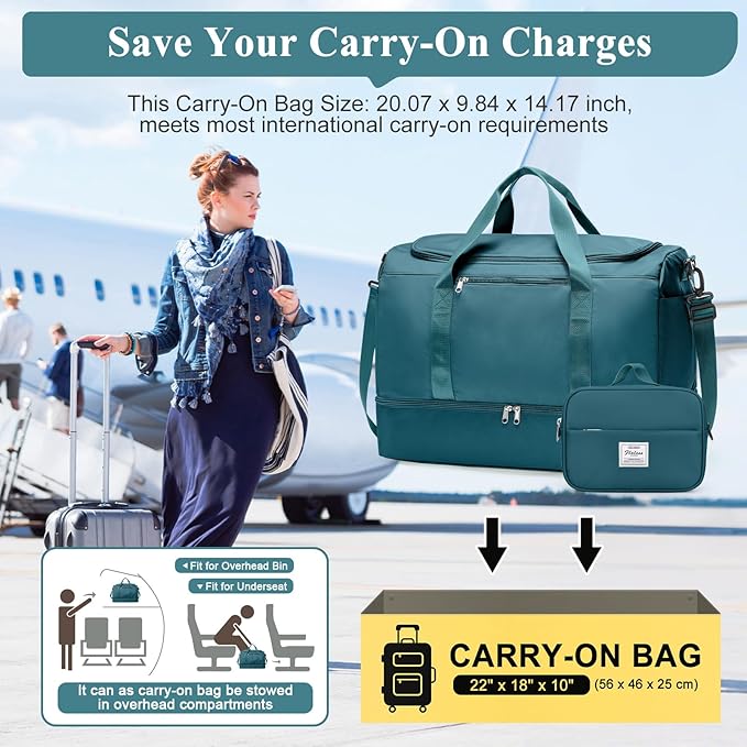 Large Travel Duffle Bag,Carry on Overnight Weekend Bag with Shoes Compartment,Weekender Bags for Women for Travel Business Trips Sport Hospital,2Pcs,Peacock Blue