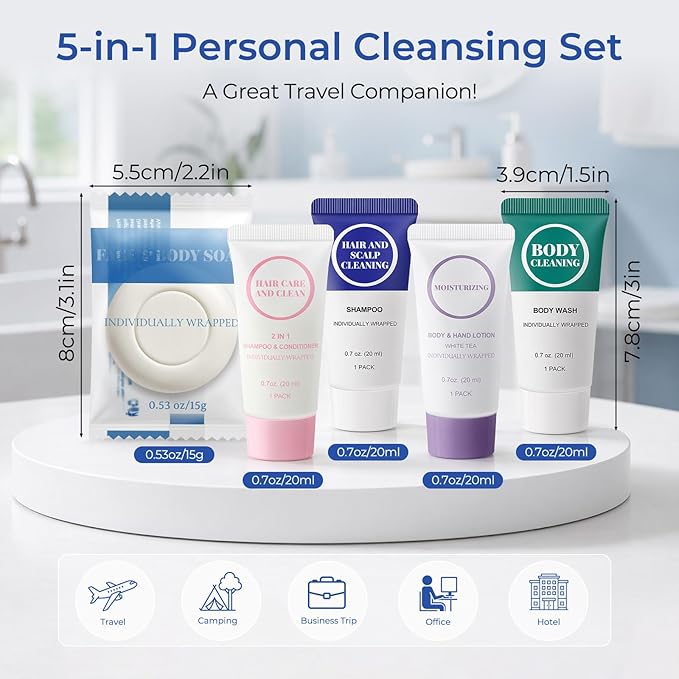 Individually Wrapped Toiletries Set Bulk, Travel Size 0.7 Fl oz Mini Body Wash Body Lotion Shampoo 2-in-1 Hair Wash & Conditioner 0.53 oz Bars Soap Toiletry Amenities for Hotel/Homeless (Pack of 100)
