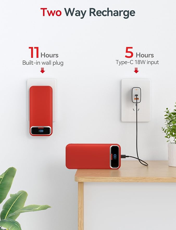 20000mAh Lightweight-Portable-Charger-Power-Bank with Built-in Cables and AC Wall Plug, PD20W USB-C Fast Charging Battery Pack, LED Display External Travel Phone Charger for All iPhone,Samsung,Android